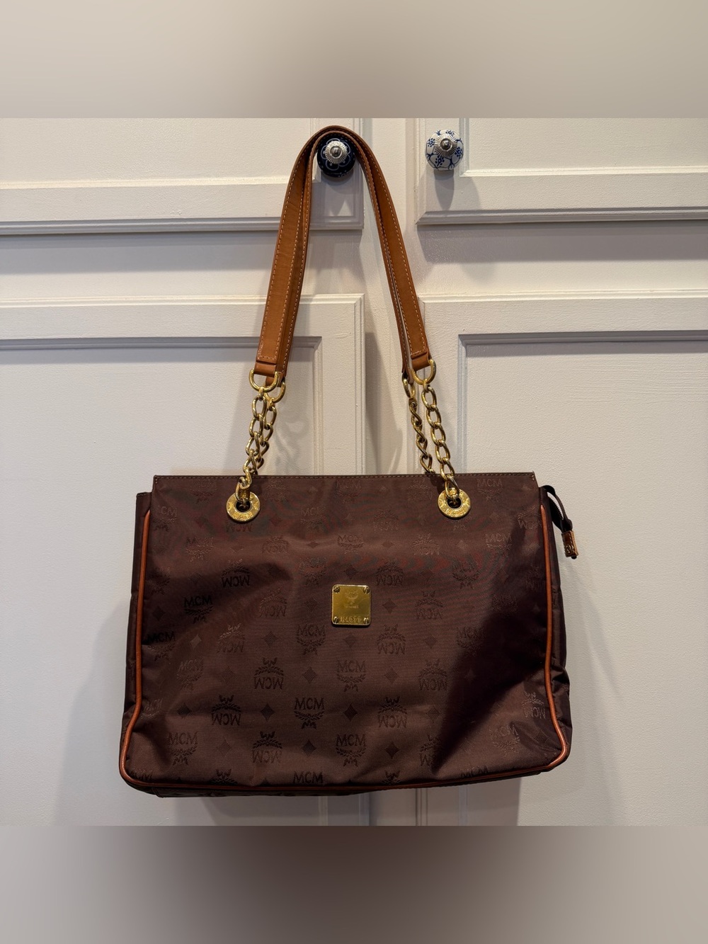 Vintage MCM Vesitos Brown Nylon & Leather Signature Shoulder Tote Bag COA